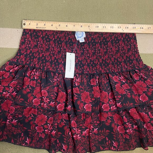 Francesca's Size L Smocked Tired Mini Skirt Red Black Dark Floral Romantic Fairy - Picture 5 of 7